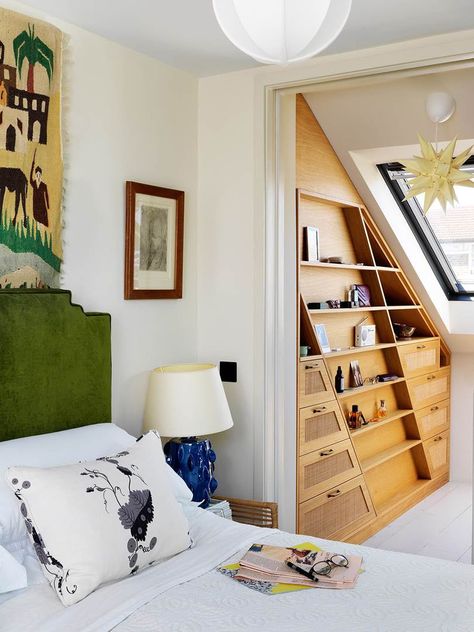 Awkward Rooflines Are No Match for These Clever Solutions Small Attic Spaces, Attic Storage Space, Cozy Window Nook, Beata Heuman, Moore House, Canopy Bed Frame, Faux Walls, Victorian Terrace House, Angled Ceilings