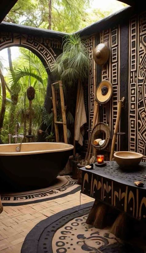 Indonesian Decor Interiors, Afrocentric Home Decor Interior Ideas, African Luxury Homes, African Bathroom Ideas, Nigerian Home Decor, African Inspired Interior Design, African Bathroom Decor Ideas, African Homestead, African Mansion