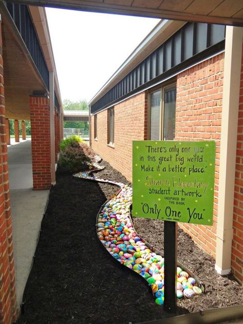 This Teacher Created A Path Using Rocks Students Painted And It is Beautiful Small Front Garden, School Hallways, Sensory Garden, School Murals, Only One You, Garden Birthday, Rock Garden Landscaping, Outdoor Classroom, School Yard