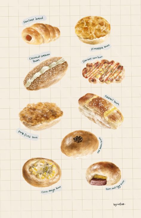 Asian Bread Bakery Illustration Asian Bread, Chinese Bakery, Bakery Illustration, Asian Bakery, Drink Doodles, Japanese Bread, Illustrations Painting, Bread Bakery, Bakery Pastry