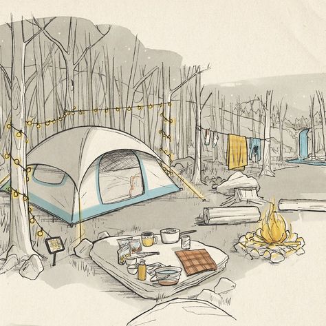 Campsite Drawing, Camping Drawing Simple, Camp Sketch, Natural Dining Room, Camping Drawing, Sheep Art, Sketching Ideas, Fishing Shirts, How To Find