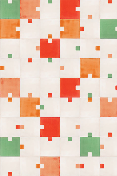 Screen-printed tile design in red, orange and green Orange And Green Tiles, Eclectic Flooring, Tiled Feature Wall, Colourful Tiles, Coloured Tiles, Orange Tile, Tiles Pattern Design, Patterned Bathroom Tiles, Ceramic Tile Colors