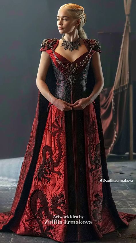 Targaryen Dress Design, House Targaryen Clothes, House Of Dragon Dresses, House Of The Dragon Inspired Dresses, House Of The Dragon Clothes, Targaryen Outfit Dresses, House Of The Dragon Dresses, Red Royal Dress, Targaryen Gown