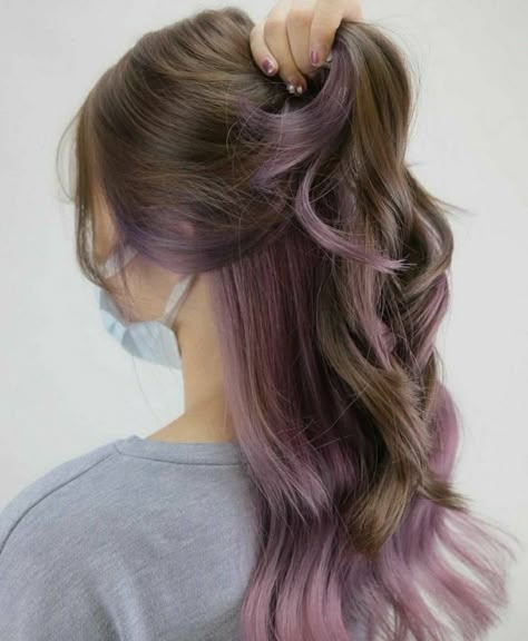 Cute Purple Highlights For Brown Hair, Streak Of Hair Dyed, Brown Hair Lavender Underneath, Brunette With Ashy And Mocha Highlights, Lavender Purple Highlights, Purple Hair Light Brown, Purple With Light Brown Hair, Light Brown Hair With Purple Highlights Underneath, Brown Hair With Under Color