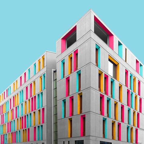 I Got Bored By The Gray Cityscape Of Berlin So I Started To Colorize Buildings With Photoshop Lebbeus Woods, School Building Design, German Architecture, Colour Architecture, Cladding Systems, Norman Foster, Concept Diagram, Architecture Concept Drawings, Colourful Buildings