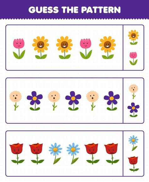 Education game for children guess the pattern each row from cute cartoon flower printable nature worksheet Flowers Worksheets For Kids, Flower Worksheet, Nature Worksheet, School Board Decoration, Pattern Activities, Kids Worksheets Preschool, Cartoon Flower, Game For Children, Vector Technology