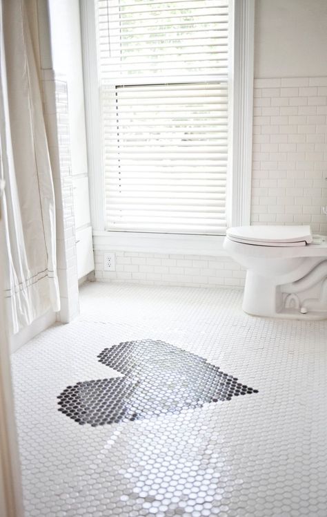 Crisp and clean white bathroom redo with subway tiles and a heart // ABM bathroom makeover! Small Bathroom Penny Tile Floor, Penny Floor Designs, Mosaic Bathroom Floor, Mosaic Tile Bathroom Floor, Penny Tiles Bathroom, Toilet Sink, Penny Tile, Mosaic Bathroom, Bathroom Floor Tiles