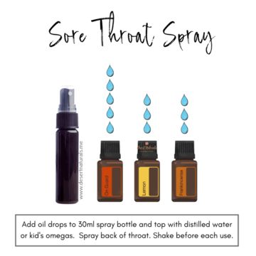 Sore Throat Essential Oils, Sore Throat Spray, Doterra Oils Recipes, Scratchy Throat, Doterra Diffuser Blends, Throat Spray, Doterra Essential Oils Recipes, Essential Oil Diffuser Blends Recipes, Essential Oil Remedy