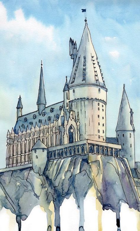 Hogwarts Castle Drawing, Watercolor Hogwarts, Harry Potter Watercolor, Harry Potter Sketch, Harry Potter Castle, Harry Potter Art Drawings, Harry Potter Painting, Castle Drawing, World Poster