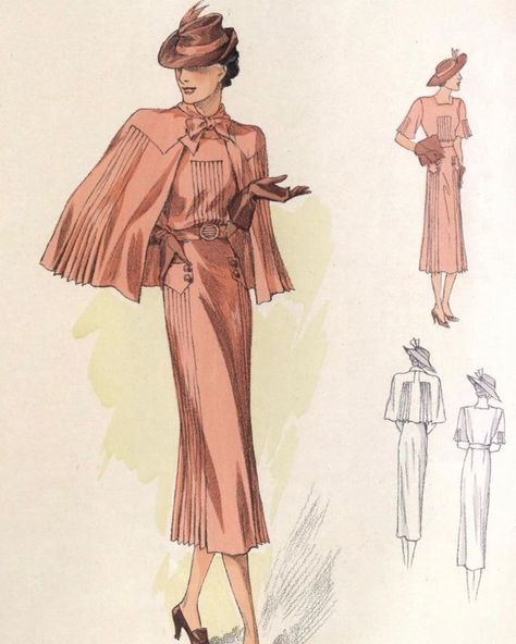 1,031 Likes, 11 Comments - Lauren- Wearing History (@wearinghistory) on Instagram: “MORE 1930s cape goodness. This isn’t actually a suit, but a dress and a cape. 😍 No image…” 1930s Female Fashion, 1930s Catalog, 1937 Fashion, 1930s Fashion Plates, Gotham Memoirs, 1940s Fashion Women, Antique Room, 30s Style, Cape Fashion