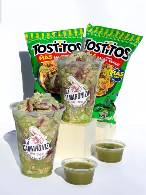 La Camaroniza tosticeviche includes 14oz cup of shrimp ceviche and a bag of salsa verde tostitos. Mexican Ceviche, Mexican Snacks, Mexican Street Food, Shrimp Ceviche, Michelada, Mexican Street, Salsa Verde, Chip Bag, A Bag