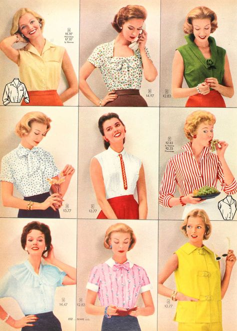 1957 blouses vintage fashion style catalogue shirts yellow blue green white red short sleeve casual sleeveless summer sportswear 50s 60s 1950s Fashion Casual, Mode Rockabilly, 1950s Shirts, Casual White Shirt, 1950s Women, 1950s Fashion Women, Blouses Vintage, 1950 Fashion, Vintage Fashion 1950s