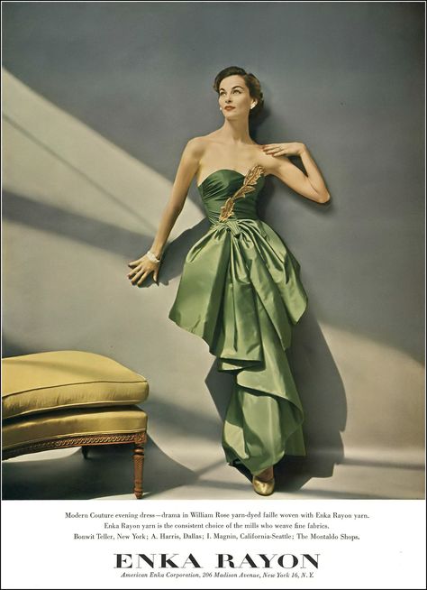 Eva Gerney in William Rose yarn-dyed faille with Enka rayon gown by Modern Couture, photo by Francesco Scavullo, Vogue, November 1, 1952 Vestidos Pin Up, Fashion 50s, Fifties Fashion, Fashion 1950s, Vintage Fashion Photography, 1950s Style, Taffeta Dress, Vintage Gowns, Laurel Burch