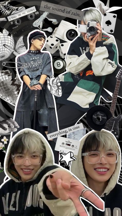 Oreo Hongjoong Wallpaper, Ateez Collage Wallpaper, Ateez Collage, Ateez Pfp, Black White Collage, Hongjoong Aesthetic, Kpop Collage, Doodle Wallpaper, Shuffles Aesthetic