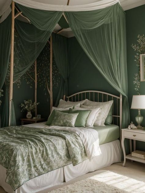 Top Home Designs Revealed: 50 Expert-approved Interior Design Ideas Green Bed Curtains, Forest Mural Bedroom Paint, Hanging Wisteria Decor Bedroom, Fantasy Art Bedroom, Green Canopy Bed Curtains, Fairy Forest Room Decor, Leafy Canopy Bed, Sage Green Bedroom Wall Decor, Green Leafy Bedroom