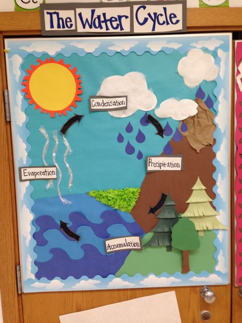 Water cycle bulletin board- student teaching 101 Water Cycle Craft, Water Cycle Model, Water Cycle Poster, Water Cycle Project, Water Cycle Activities, The Water Cycle, 4th Grade Science, Water Projects, Water Cycle