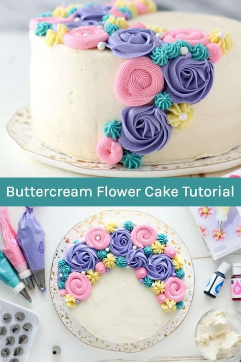 This buttercream flower cake tutorial breaks down all the components of how to decorate a layer cake with buttercream flowers. It's actually a very easy cake decorating technique. These buttercream flowers are perfect for birthday cakes, easter cakes, spring cakes and more! #buttercreamflowers #buttercreamflowertutorial #buttercreamflowercake #layercake #flower cake Easy Cake Flower Decorating, Easy Flower Birthday Cake, Easy Sheet Cake Decorating, Easy Flower Birthday Cake Ideas, Easy Floral Birthday Cake, Icing Flower Cake, Flower Cake Tutorial, Cute Cake Decorating Ideas, Frosting Roses