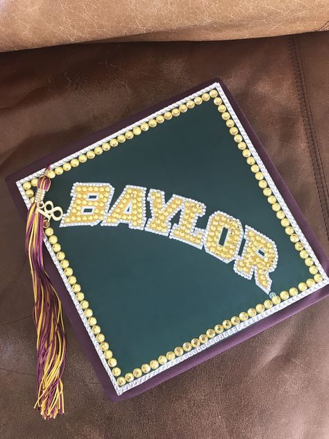 Baylor Grad Cap, College Logo Graduation Cap, Baylor Grad Party, Grad Cap Ideas College Logo, Grad Cap College Logo, Senior Boxes, High School Graduation Cap Designs, Anderson University, Senior Year Fun