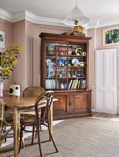 Petite Friture’s ‘Cherry’ pendant hangs from the central light fitting. Modern White Sideboard, Breakfast Decor, Pink Interiors, Cherry Pendant, Flat House, Pink Ground, Pink Rooms, Choosing Paint Colours, Paint And Paper Library