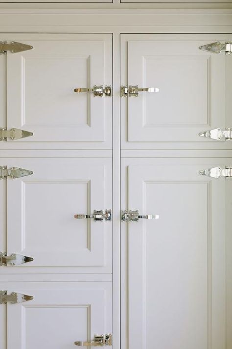 Chrome vintage latch hardware accents ivory kitchen cabinets. Ice Box Cabinet Hardware, Ivory Kitchen Cabinets, Cabinetry Details, Ivory Cabinets, Traditional Hardware, Bria Hammel Interiors, Herringbone Tile Backsplash, Ivory Kitchen, Bria Hammel