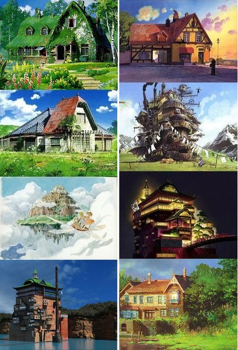 Ghibli Neighborhood, Studio Ghibli Village, Studio Ghibli Inspired House, Studio Ghibli Home Aesthetic, Ghibli House Aesthetic, Ghibli Inspired House, Studio Ghibli Buildings, Studio Ghibli Houses, Studio Ghibli Minecraft Builds