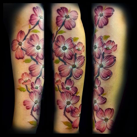 Pink Dogwood Tattoo, Pink Dogwood Tree Tattoo, Pink Dogwood Flower Tattoo, Dogwood Flower Tattoo Color, Dogwood Tattoos For Women, Dogwood Tree Tattoo, Tattoo Cherry Blossoms, Tree Tattoo Sleeve, Oak Tree Tattoo Sleeve