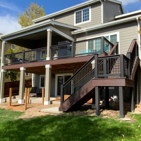 Diy 2nd Story Deck, 3 Story Deck, Second Story Covered Deck Ideas, 2nd Floor Deck Ideas, Second Floor Deck Ideas, Second Story Deck Ideas, Two Story Deck, Upper Level Deck, Covered Deck Ideas