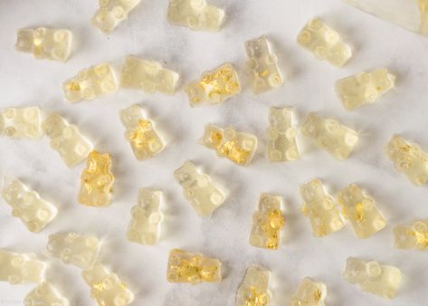 Golden Champagne Gummy Bears — Honey Blonde Making Gummy Bears, Champagne Gummy Bears, Infused Recipes, Gummy Bear Candy, Gummy Candies, Candy Bar Birthday, Gift Stores, Edible Gold Leaf, Wine Flavors