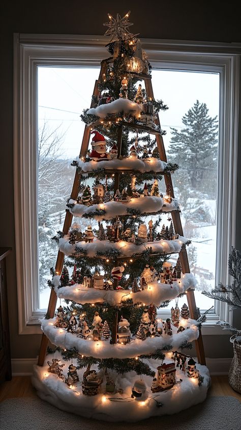 17+ Unique Christmas Ladder Tree Ideas to Inspire Your Holiday Decor - Evinco Design Ladder Christmas Tree Ideas, Christmas Tree Alternative Ideas, Alternative Christmas Tree Ideas, Ladder Tree, Christmas Ladder, Ladder Christmas Tree, Christmas Tree Display, Cozy Christmas Living Room, Christmas Entryway