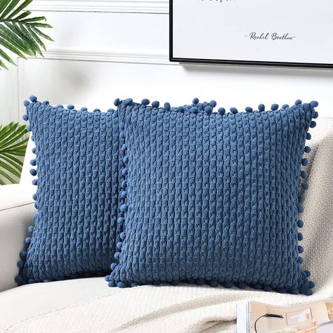 Fancy Homi Set of 2 Dusty Blue Decorative Throw Pillow Covers 18x18 Inch with Pom-poms for Couch Bed Sofa, Rustic Farmhouse Boho Home Decor, Soft Plush Corduroy Cute Cushion Case 45x45 cm Cute Cushions, Farmhouse Boho, Garden Pillows, 16x16 Pillow Cover, Modern Pillows, 20x20 Pillow Covers, Boho Home Decor, Unique Pillows, Decorative Throw Pillow Covers