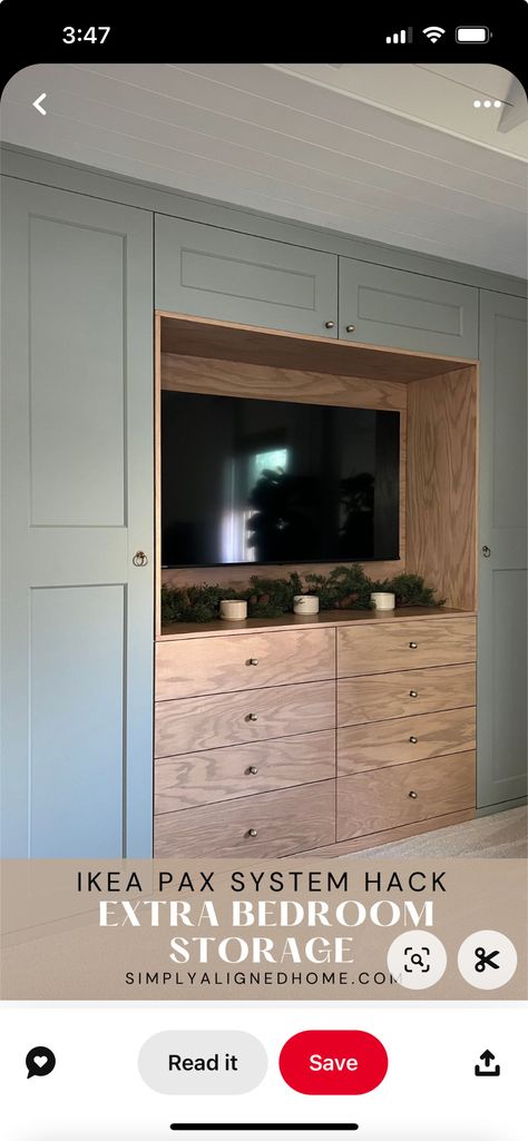 Ikea Closet With Tv, Pax Wardrobe Tv, Built In Tv Closet, Built Ins In Master, Ikea Wardrobe With Tv, Built In Closet With Tv Bedroom, Diy Ikea Built Ins Bedroom, Bedroom Tv Wardrobe Built Ins, Ikea Hack Cabinets Built Ins