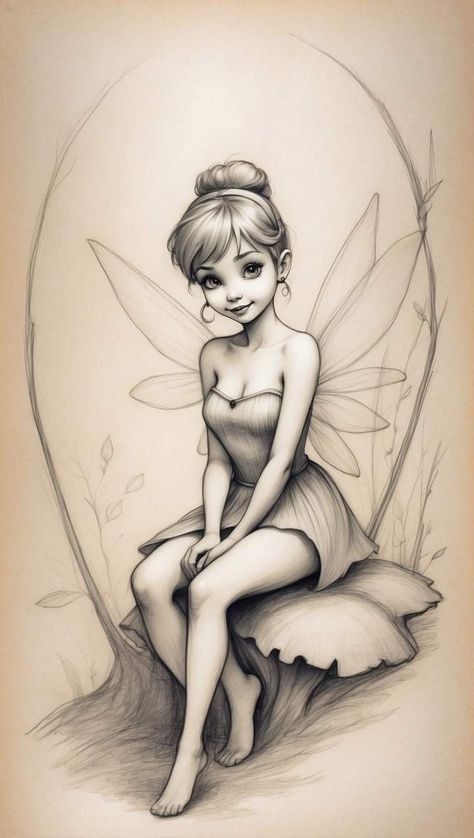 Disney Pencil Drawings Sketches, Fairy Tattoo Drawing, Baby Fairy Tattoo, Fairy Sketch Pencil, Fairy Drawing Sketches, Tinker Bell Drawing, Tinkerbell Sketch, Tinker Bell Characters, Tinkerbell Drawing