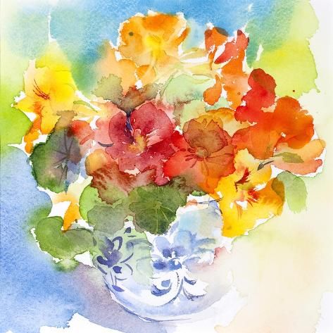 size: 16x16in Giclee Print: Nasturtium in Delft Vase, 2013 by John Keeling : Delft Vase, Flowers In A Vase, Diy Watercolor Painting, Loose Watercolor, Watercolor Flower Art, Diy Watercolor, Watercolor Art Lessons, Watercolor Flowers Paintings, Flower Art Painting