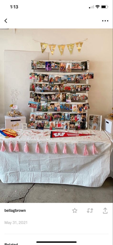 Simple Senior Table Ideas, Pictures Graduation Party, Grad Tables Ideas, Grad Picture Board Ideas, Card Table Graduation Party, Grad Picture Display Ideas, Grad Party Pallet Backdrop, Grad Party Picture Boards, Senior Display Table Ideas 2023