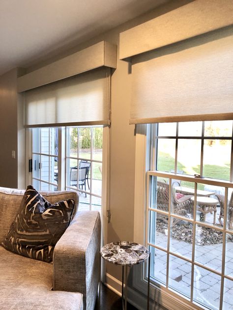 Roller shades and valances, Long Grove, IL Roll Shades Window Treatments, Shades With Valance, Roller Shades With Valance, Pull Down Shades, Roller Shades With Curtains, Window Valance Ideas Living Room, Roller Shades Bedroom, Wooden Window Valance, Hunter Douglas Roller Shades