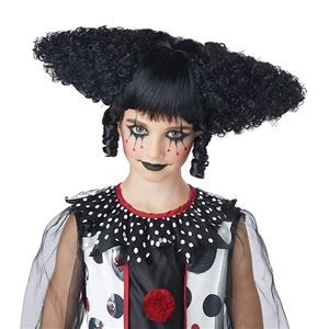 Creepy Clown Curly Black Wig- 425823 | trendyhalloween.com Cute Creepy Clown, Ugly Wigs, Woman Caricature, Evil Clown Costume, Clown Fancy Dress, Caricature Ideas, Maquillage Goth, Hair Study, Clown Wig