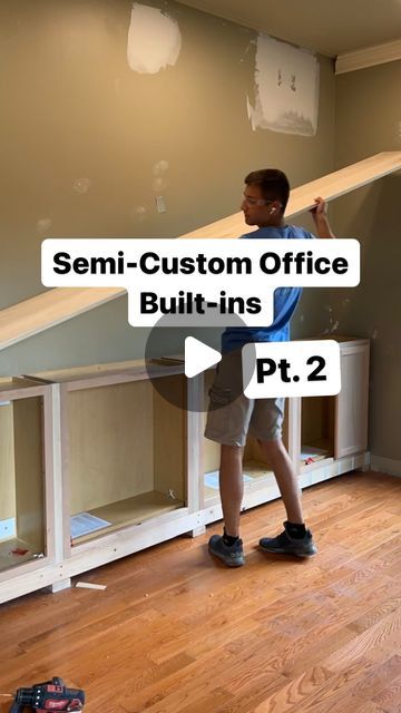 Ryan Walker on Instagram: "Office built-ins: Yay or Nay 🙌  Last time we built our base and installed our lower cabinets. Today, we built the table top out of solid poplar and modified our RTA bookshelves to be built in!  Stay tuned and follow for Pt. 3 when we start framing everything in to make it look custom 👊  #customhomedesigns #homeimprovement #diylife #woodworking #cabinets #cabinetry #officestyle #officedesk  #buildityourself #bookshelf #bookshelves #bookshelvesofinstagram #howto #diy" Loft Cabinets Built Ins, Cabinets In Home Office, Built In Cabinet Bookshelf, Built Ins Color Ideas, Built In Wall Units With Desk, File Cabinet Built In, Easy Built In Cabinets, Diy Library Built Ins, Upper Cabinet Built Ins