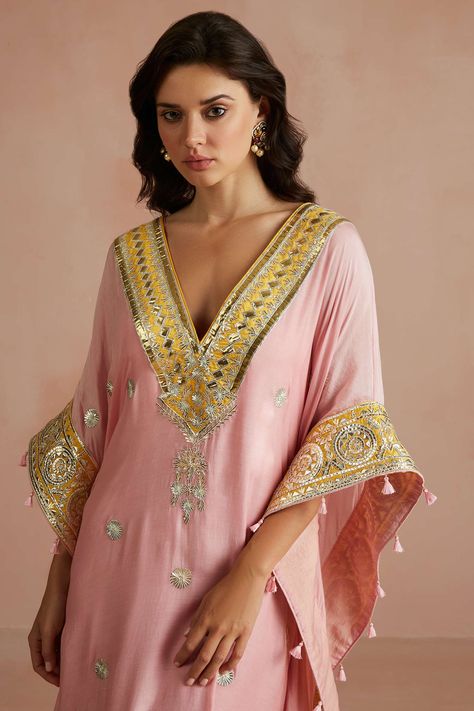 Buy Pink Kaftan Pure Muslin Embroidered Floral V Neck Gota For Women by Sureena Chowdhri Online at Aza Fashions. Sureena Chowdhri, Kaftan Sleeves, Pink Kaftan, V Neck Kaftan, Gota Embroidery, Embroidered Kaftan, Silk Road, Aza Fashion, Sleeve Type