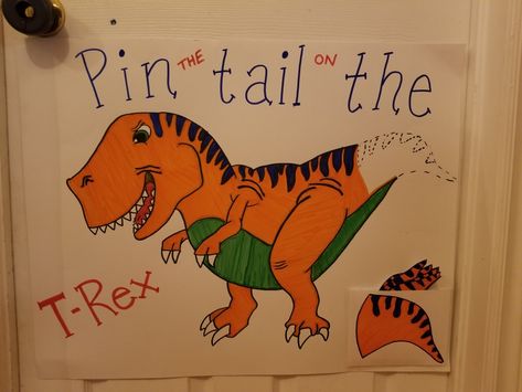 Dino Theme Games, Dinosaur Birthday Games Activities, One Year Birthday Dinosaur, Pin The Dinosaur Game, Dino Themed Games, Three Rex Birthday Party Activities, Two Year Old Birthday Party Dinosaurs, 3 Rex Birthday Party Decorations, Dino Games For Kids