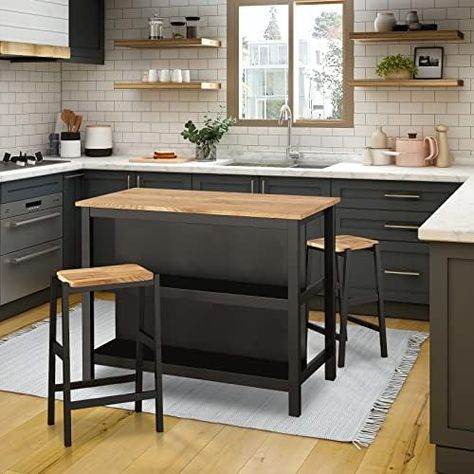 Amazon.com - Bellemave Kitchen Island Set with 2 Stools and Drop Leaf 3 Piece Kitchen Bar Table Set Island Table Set with Seating, Storage Cabinet, Drawers and Towel Rack (Black+Rustic Brown) - Table & Chair Sets Butcher Block Dining Table, Retro Breakfast, Retro Dining Table, Bar Height Dining Table, Breakfast Table Setting, Kitchen Bar Table, 3 Piece Dining Set, Backless Stools, Bar Table Sets