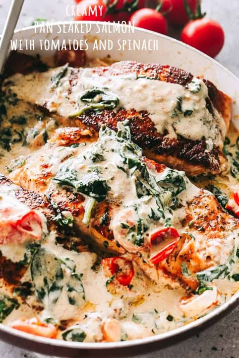 Creamy Spinach Salmon Recipes, Salmon And Creamed Spinach, Fish With Spinach Recipes, Cream Sauce With Evaporated Milk, Salmon And Coconut Milk Recipes, Salmon With Coconut Milk, Salmon With Spinach Cream Sauce, Salmon In Coconut Milk, Salmon And Tomato Recipes