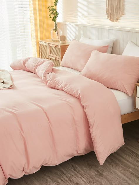 Pink Simple Collar   Plain  Embellished   Home Textile Soft Pink Bedding, Pillow Sets For Bed, Simple Bed Spreads, Pink Bedspreads, Pink And White Bed Sheets, Pink Twin Bedding, Pink Sheets Bedding, Light Pink Bed Set, Shein Bedding