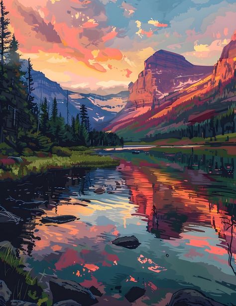 Glacier National Park, Hidden Lake, Logan Montana Giclée Art Print 8.5X11 Sunset Over Lake Painting, Fantasy Lake, National Park Art, National Park, Montana Landscape, Colorful Landscape Paintings, Lake Painting, Lake Art, Cottage Art