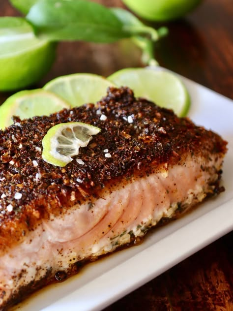 This Mexican Salmon is flavored with lime and a blackened crust made of aromatic and delicious spices: Ancho chile, garlic, onion and oregano. It's super easy for a busy weeknight and super impressive for a weekend dinner party. #salmon #Mexicansalmon #blackenedfish #oregano #limes #onions #anchochiles #fishdinner #garlic Mexican Salmon Recipes, Mexican Salmon, Blackened Salmon Recipes, Bday Dinner, Blackened Salmon, Lime Salmon, Lime Recipes, Dream Food, Mexican Spices