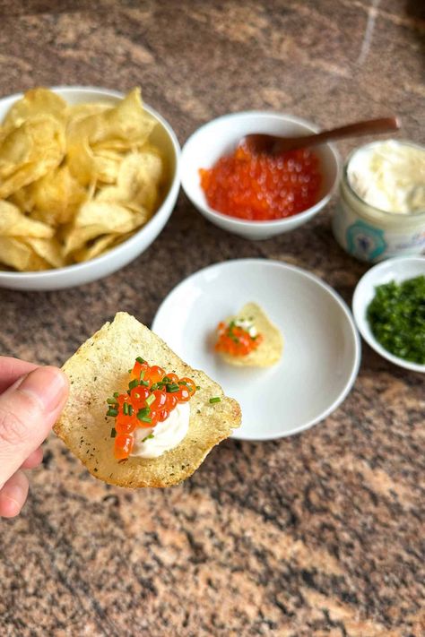 Salmon Roe (Ikura) with Crème Fraîche and Chips! - Onolicious Hawaiʻi Salmon Roe Appetizer, Make Looks, Lemon Pepper Sauce, Water Crackers, Naan Pizza, Salmon Roe, Sour Cream And Onion, No Cooking, Chips Recipe