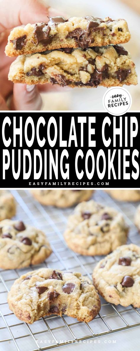 Step up your cookie game with these soft, chewy, and fluffy Chocolate Chip Pudding Cookies that melt in your mouth and are downright crave-worthy! A family favorite cookie recipe that the kids will love and an irresistible treat for all to enjoy. Basic chocolate chip cookies are elevated with instant pudding added to the mix to give you an extraordinary cookie with the best texture. But the best part is that you can freeze the cookie dough or baked cookies for a quick treat. Pudding Cookies Chocolate, Chocolate Chip Cookie Recipe With Pudding, Vanilla Pudding Cookies, Fluffy Chocolate Chip Cookies, Soft Chocolate Chip Cookies Recipe, Basic Chocolate Chip Cookies, Pudding Cookies Recipes, Chocolate Chip Pudding, Chocolate Chip Pudding Cookies