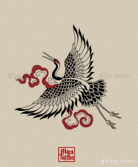 Japanese Style Tattoos Men, Japanese Cranes Tattoo, Korean Crane Tattoo, Crane Chest Tattoo, Japan Snake Tattoo, Crane Japanese Tattoo, Heron Tattoo Traditional, Japanese Crane Tattoo Design, Traditional Crane Tattoo