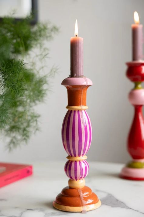 Colourful Candlestick Holder in Pink Stripes | Rockett St George Cool Candle Holders, Painted Wooden Candle Holders, Pink Objects, Painted Candle Holders, Wooden Candlestick Holders, Wooden Candlestick, Painted Candlesticks, Candle Diy, Ceramic Incense Holder