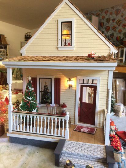 Exterior Doll House Ideas, Dollhouse Front Porch Ideas, Dollhouse Rehab, Miniature Dollhouse Exterior Ideas, Doll House Front Porch, Miniature Porch, Dollhouse Porch, Victoria's Farmhouse Dollhouse Exterior, Building References