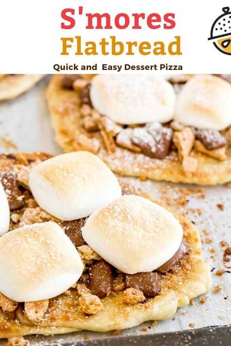 S'mores Flatbread slathered with cinnamon-sugar flavored butter and topped with crumbled graham crackers, ooey gooey chocolate and marshmallows. This s'mores recipe doesn't require a campfire so you can make them all year round! #recipe #baked #easy #dessert #flatbread Dessert Flatbread Recipes, Dessert Flatbread, Flatbread Dessert, Easy Dessert Pizza, Griddle Cooking Recipes, Dessert Pizza Recipes, Cheesecake Oreo, Peanut Butter Nutella, Easy Gluten Free Desserts